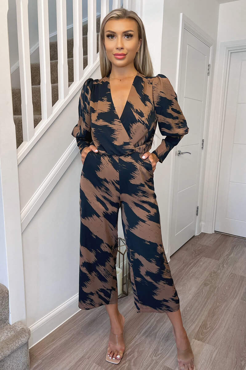Brown and Navy Printed Wrap Top Culotte Jumpsuit - Image 3