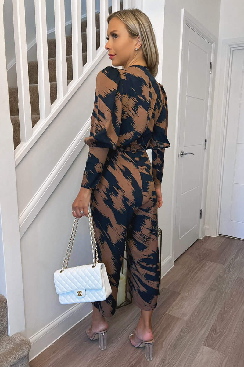 Brown and Navy Printed Wrap Top Culotte Jumpsuit - Image 4