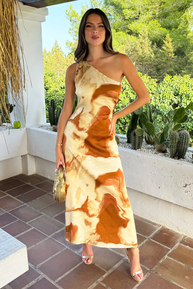 Brown And Stone Marble Print One Shoulder Open Back Twist Detail Midi Dress - Image 2