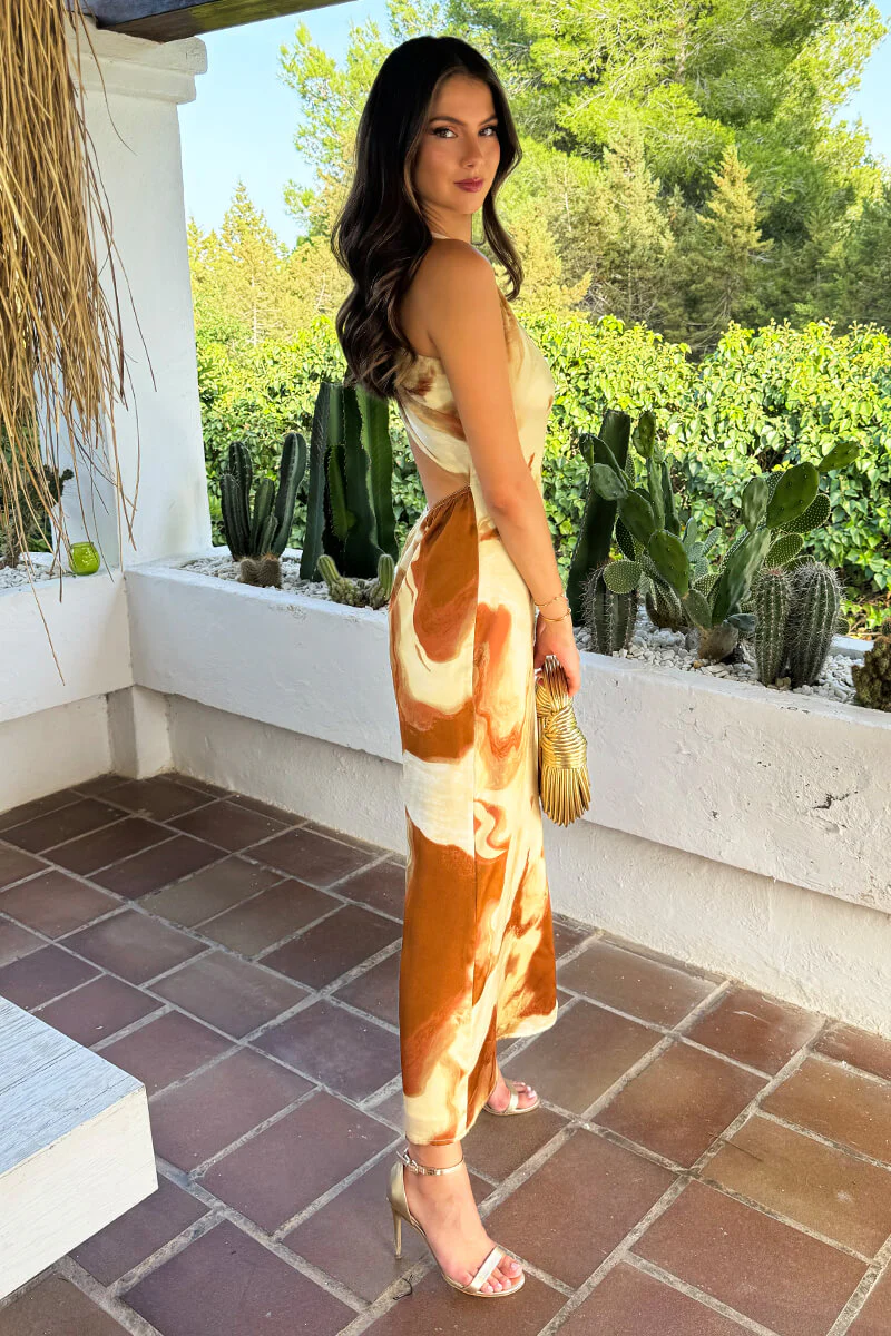 Brown And Stone Marble Print One Shoulder Open Back Twist Detail Midi Dress - Image 4