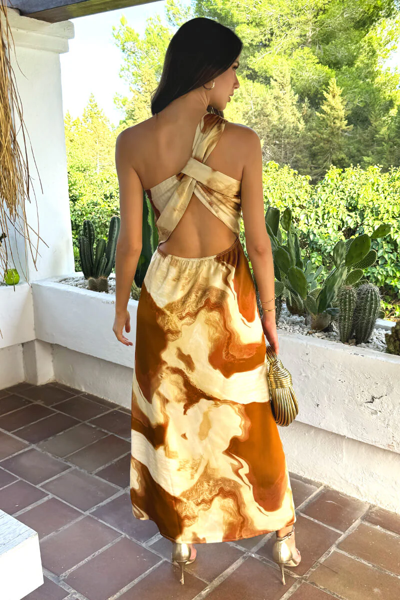 Brown And Stone Marble Print One Shoulder Open Back Twist Detail Midi Dress - Image 5
