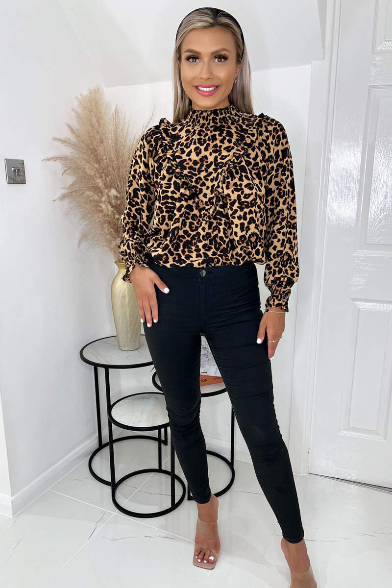 Brown Animal Print Ruffle Front Long Sleeve Top - Image 2