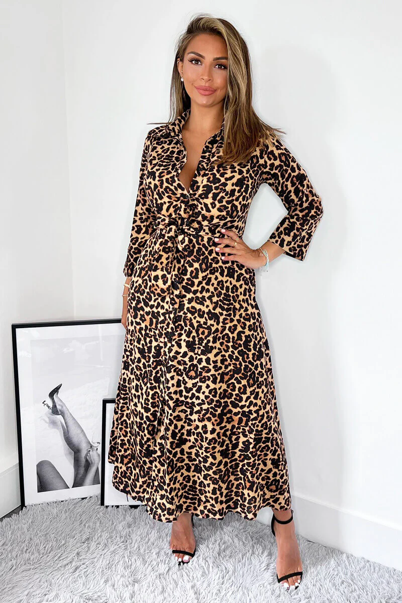 Brown Animal Print Tie Waist Midi Shirt Dress - Image 2