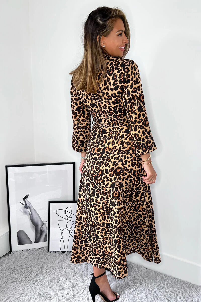 Brown Animal Print Tie Waist Midi Shirt Dress - Image 5