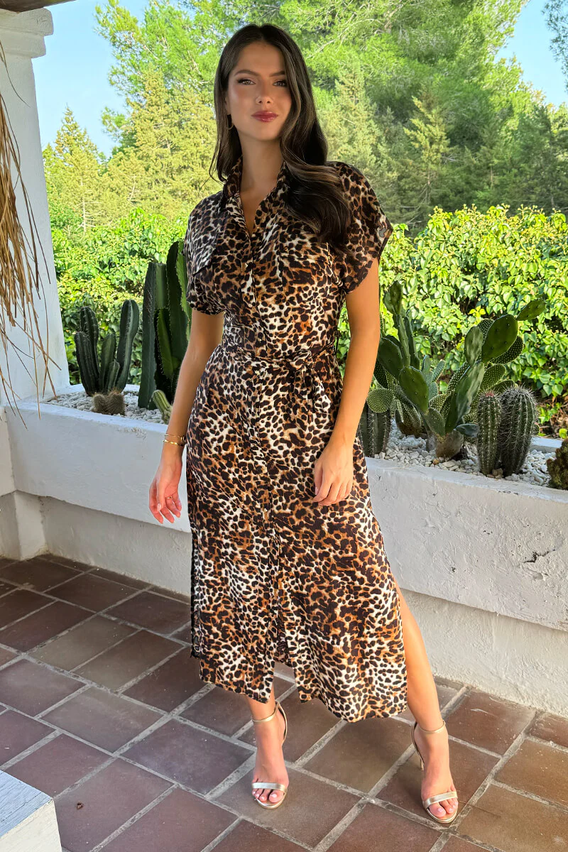 Brown Cheetah Print Short Sleeve Midi Shirt Dress - Image 2