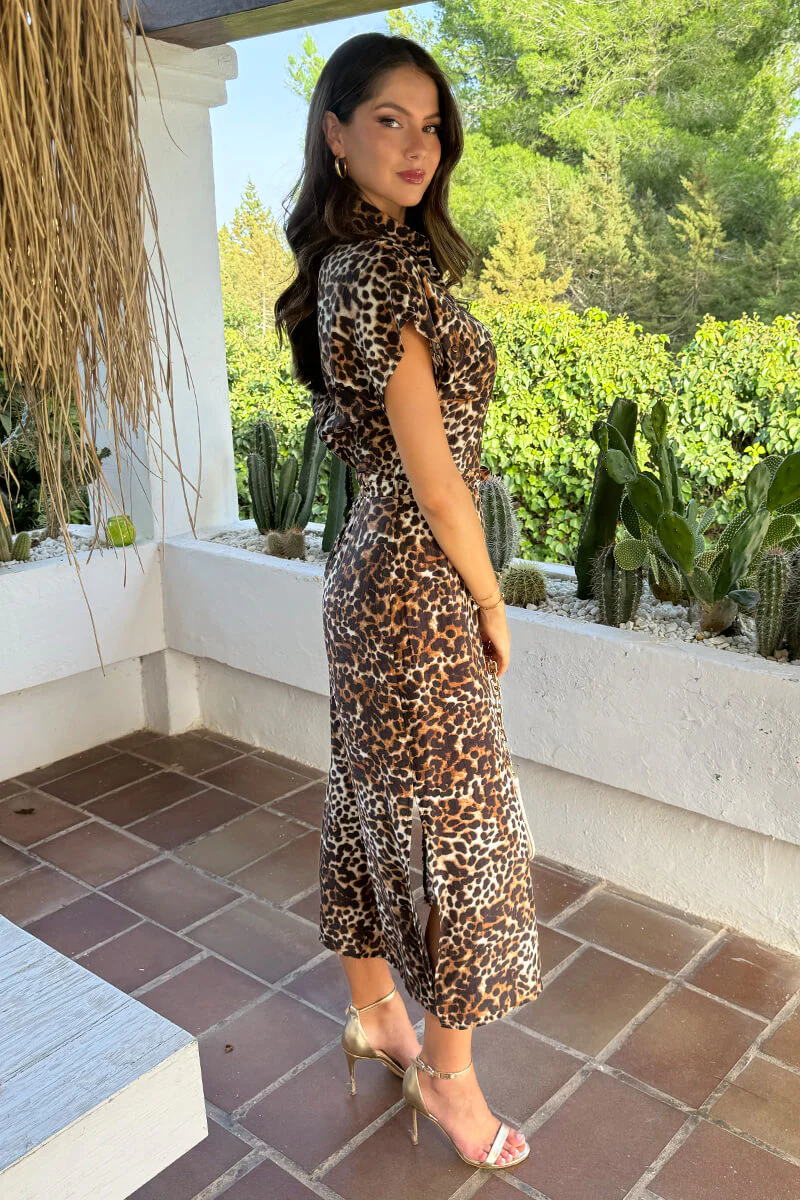 Brown Cheetah Print Short Sleeve Midi Shirt Dress - Image 4