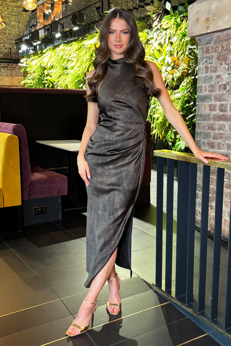 Brown Croc Pattern Halter Neck Midi Dress - Image 2