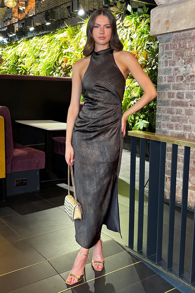 Brown Croc Pattern Halter Neck Midi Dress - Image 3