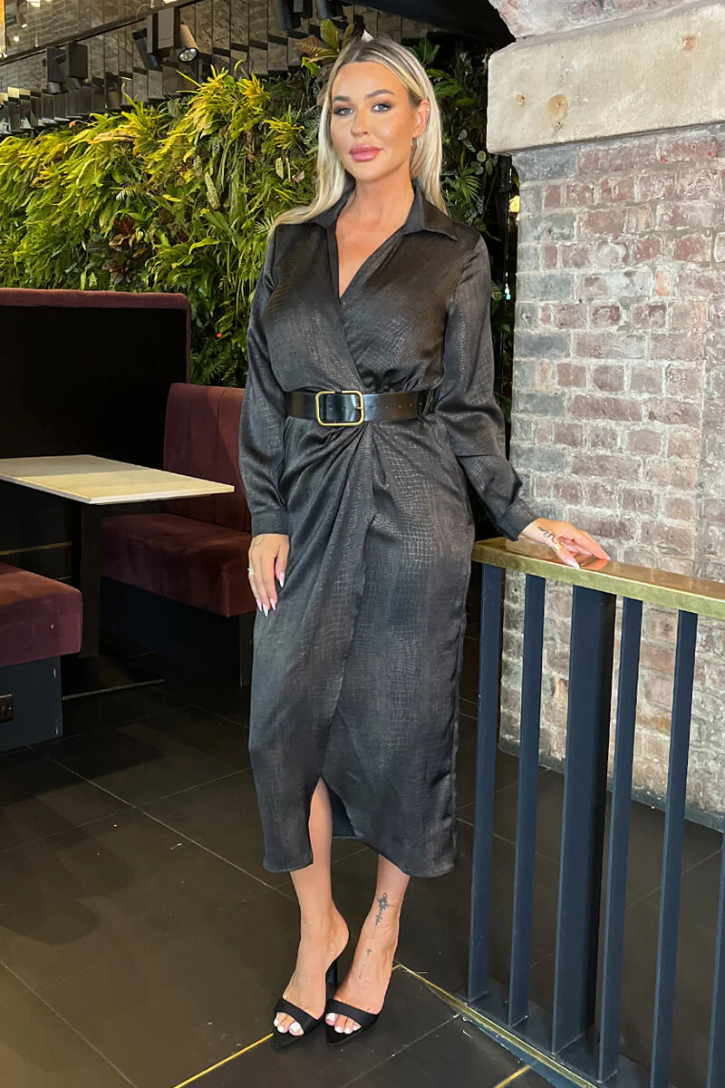 Brown Croc Pattern Wrap Shirt Belted Midi Dress - Image 2