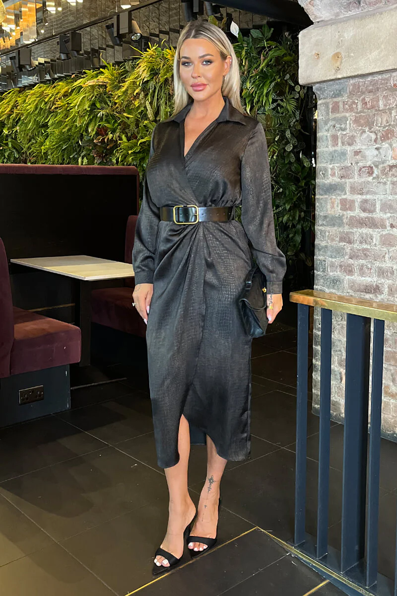 Brown Croc Pattern Wrap Shirt Belted Midi Dress - Image 3