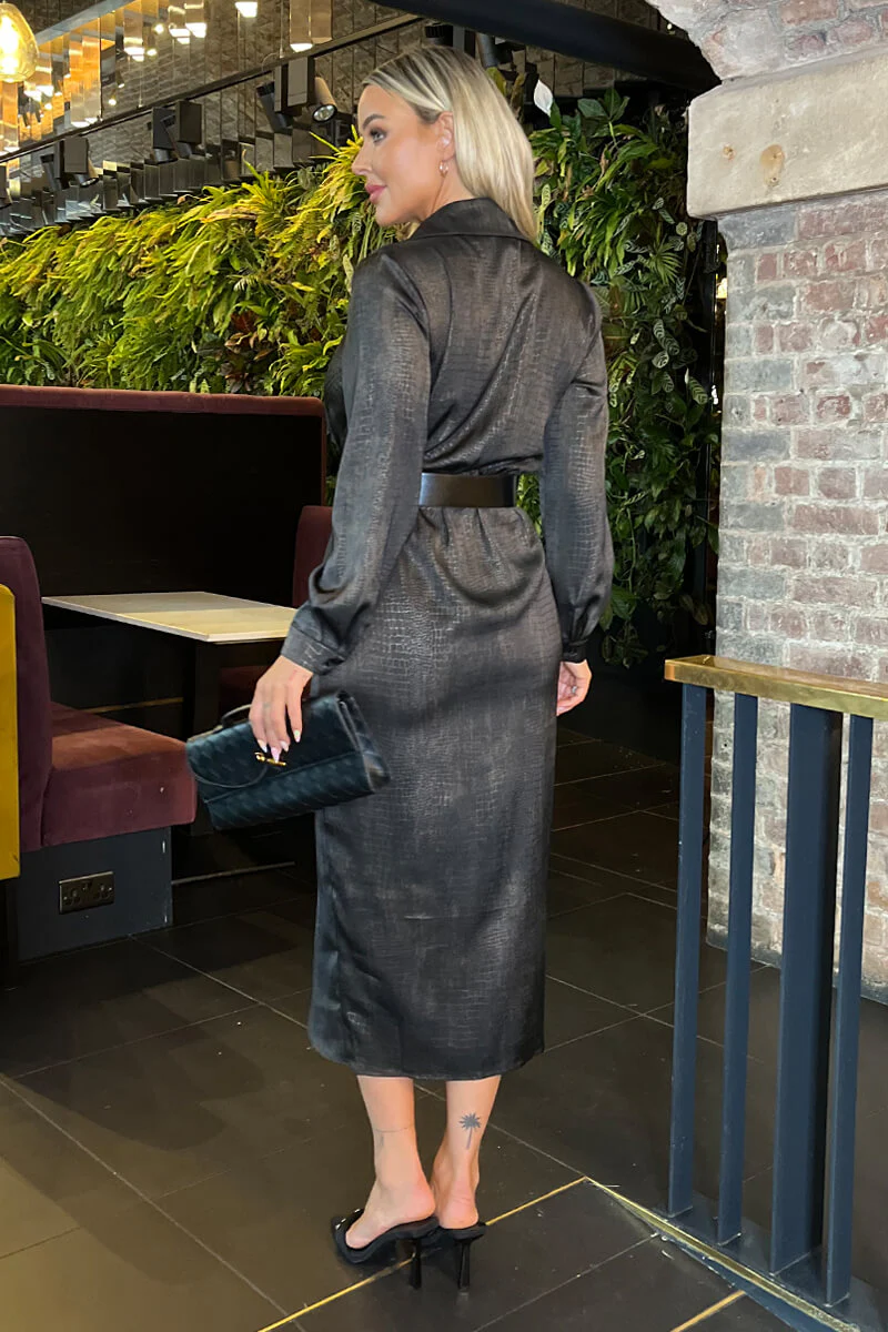 Brown Croc Pattern Wrap Shirt Belted Midi Dress - Image 5