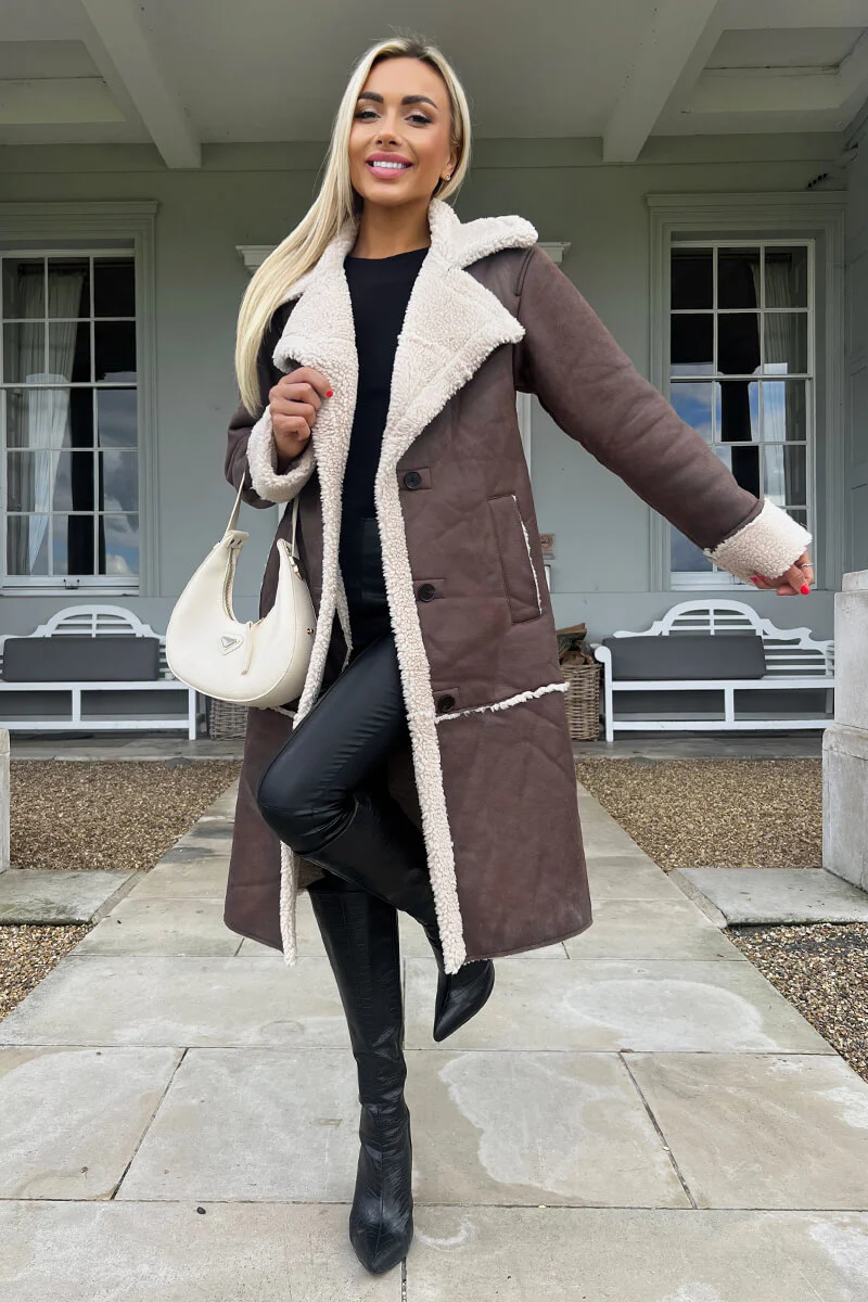 Brown Longline Faux Shearling Coat - Image 2