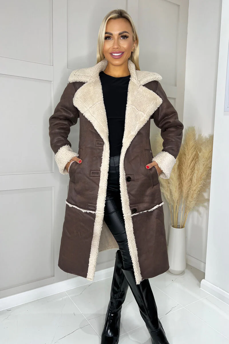 Brown Longline Faux Shearling Coat - Image 3