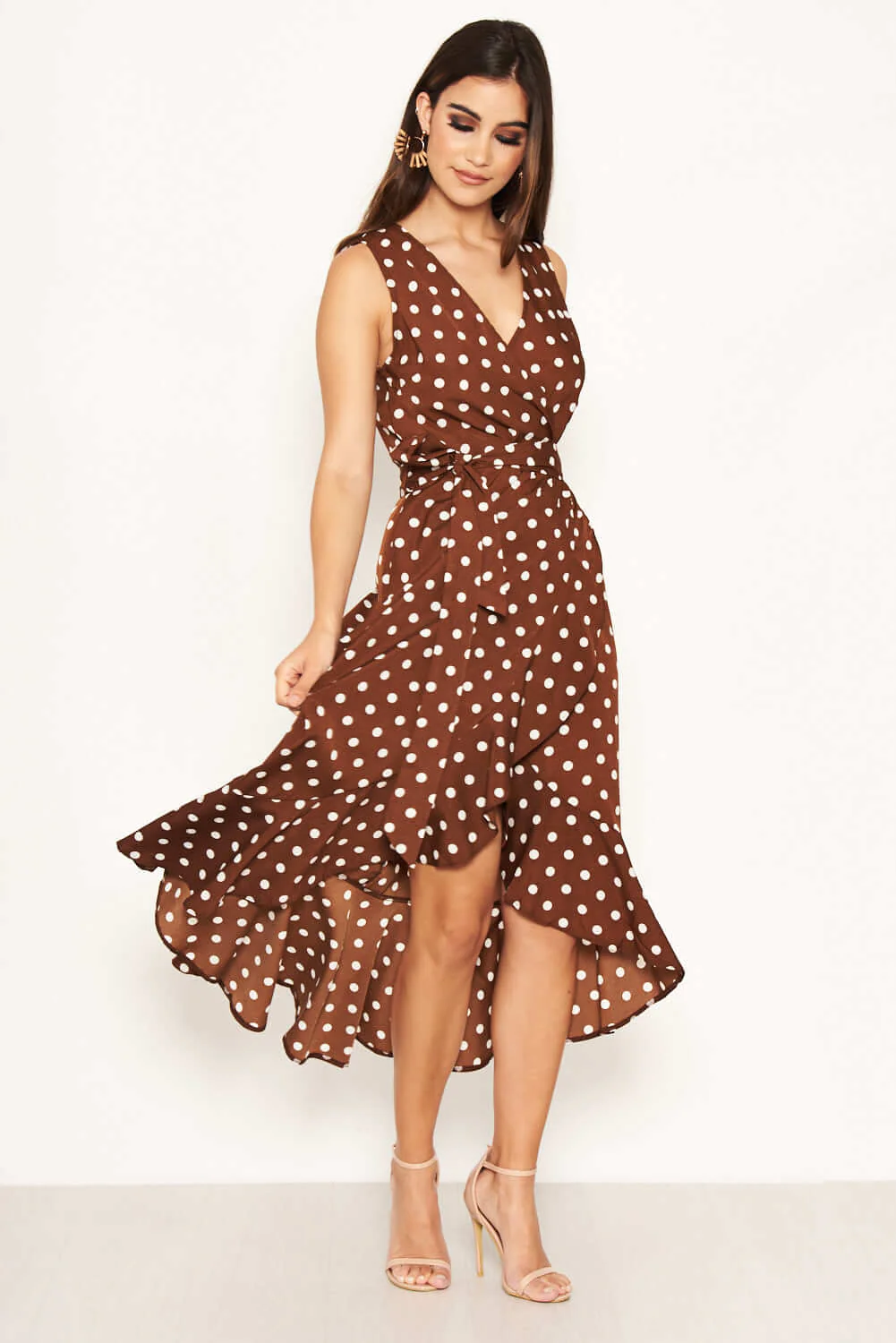 Brown Polka Dot Wrap Dress - Image 3