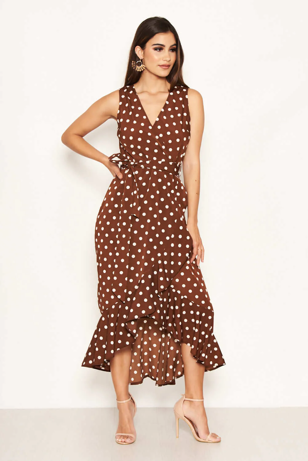 Brown Polka Dot Wrap Dress - Image 5