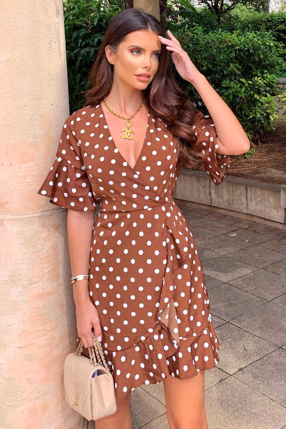 Brown Polka Dot Wrap Frill Dress - Image 2