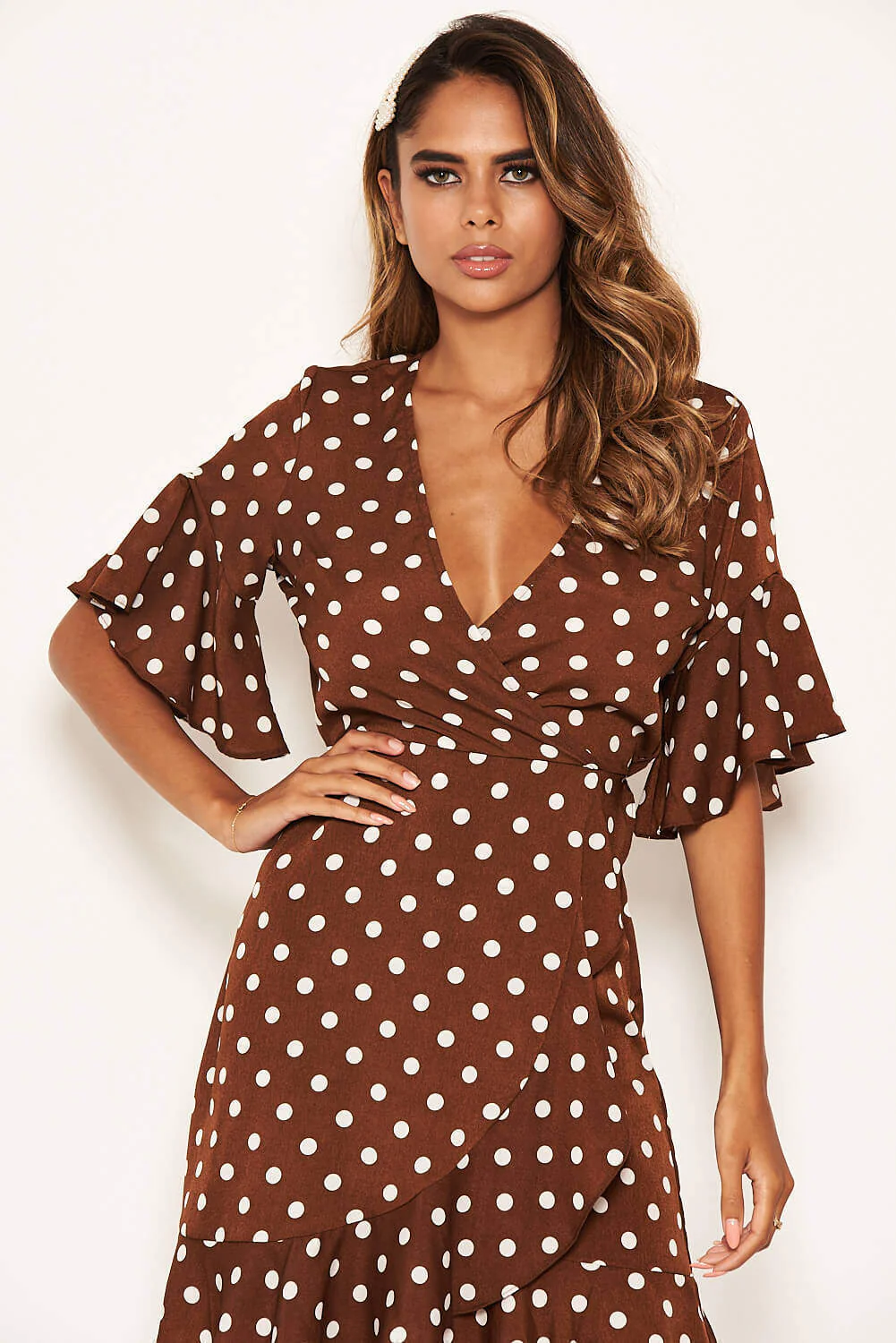 Brown Polka Dot Wrap Frill Dress - Image 7