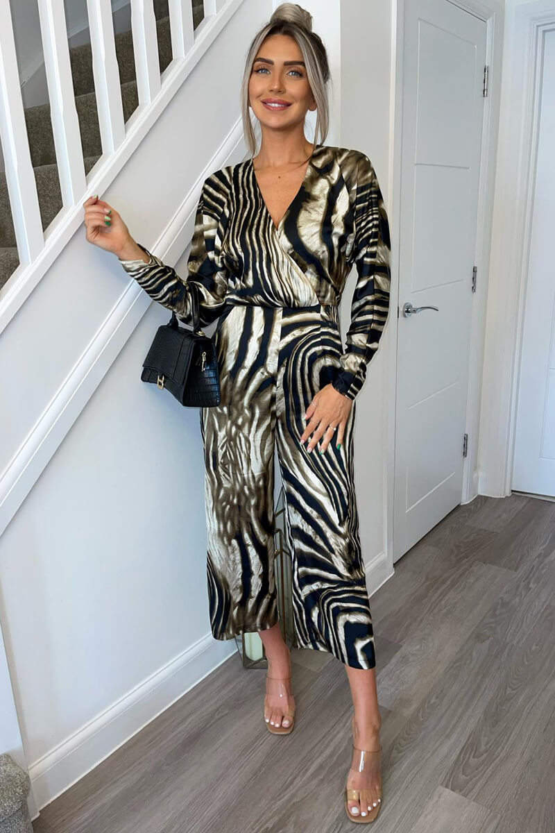 Brown Printed Bat Wing Wrap Top Jumpsuit - Image 2