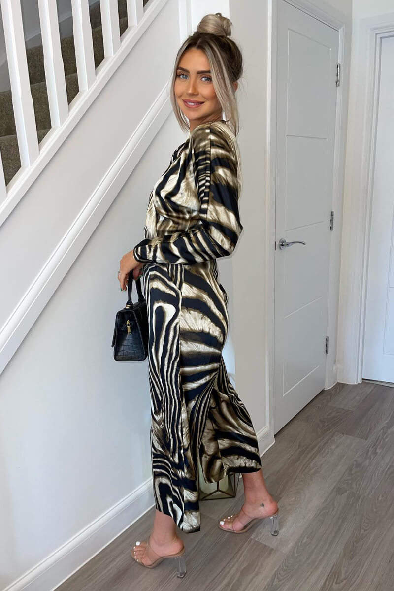 Brown Printed Bat Wing Wrap Top Jumpsuit - Image 3