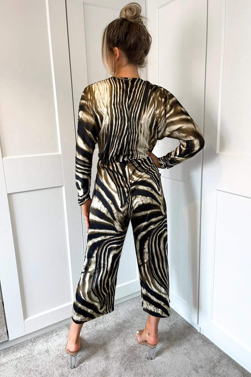 Brown Printed Bat Wing Wrap Top Jumpsuit - Image 4