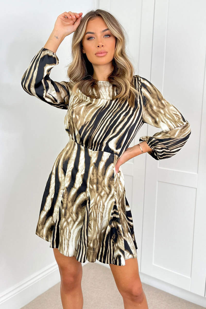 Brown Printed Long Sleeve Mini Skater Dress - Image 2