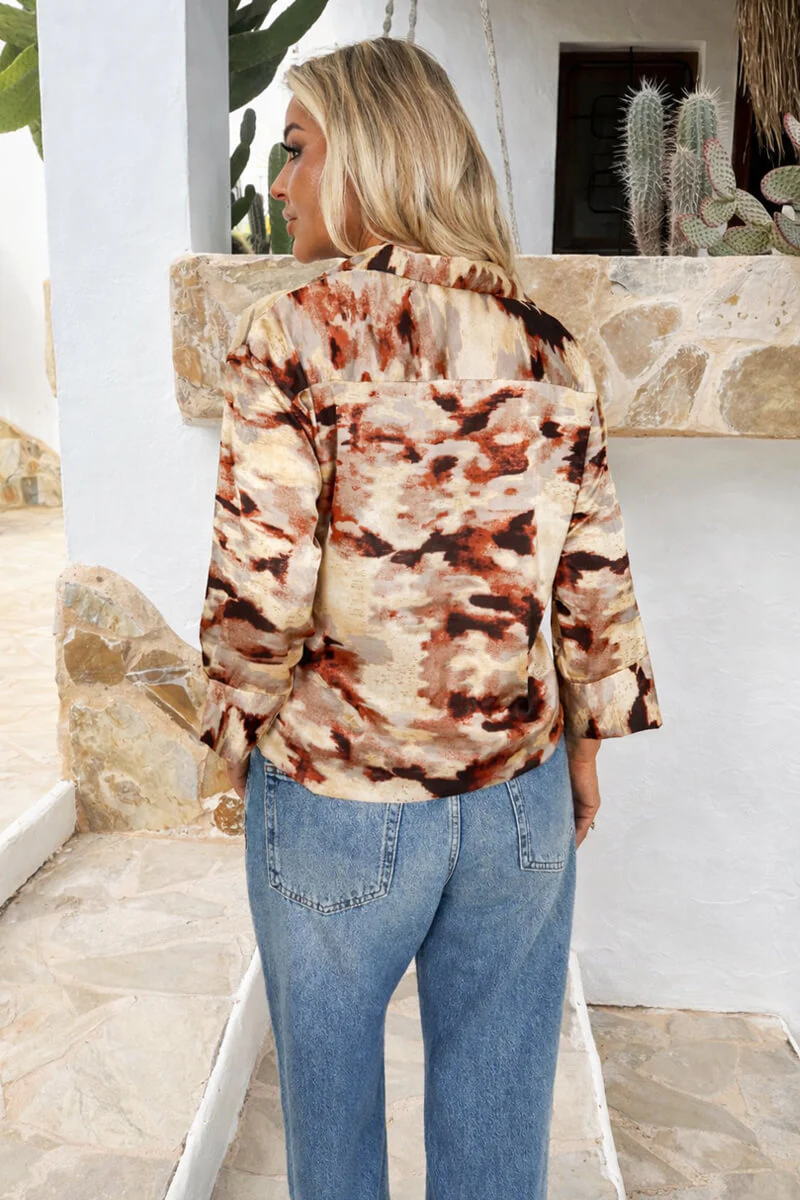 Brown Smudge Print 3/4 Sleeve Shirt - Image 5