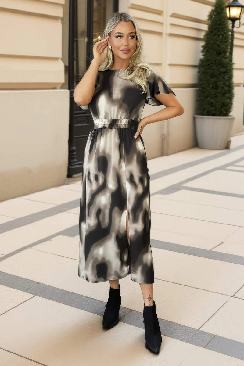 Brown Watercolour Print Flutter Sleeve Midi Dress - Image 2