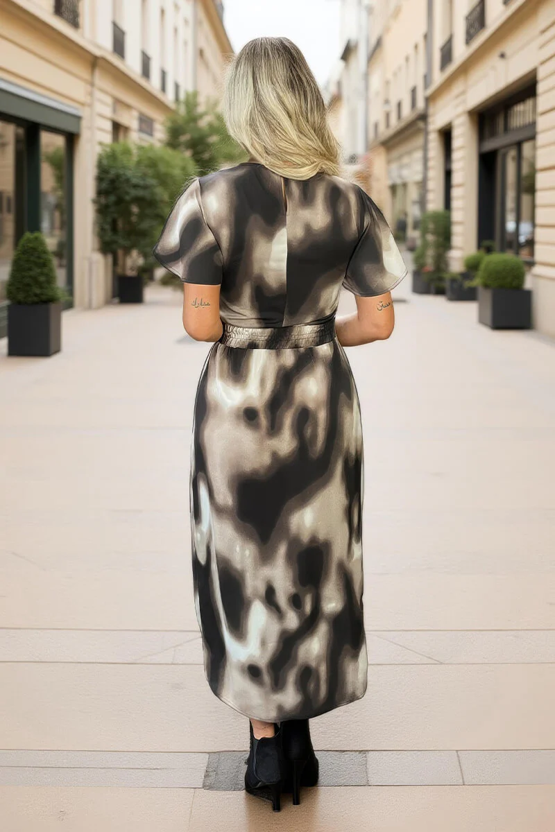 Brown Watercolour Print Flutter Sleeve Midi Dress - Image 4