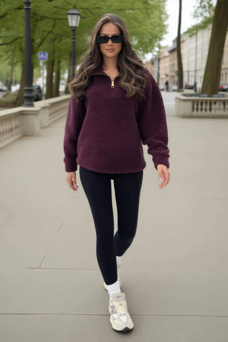 Burgundy 1/4 Zip Teddy Sweatshirt - Image 2