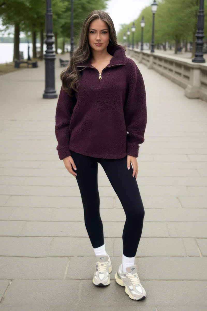 Burgundy 1/4 Zip Teddy Sweatshirt - Image 3