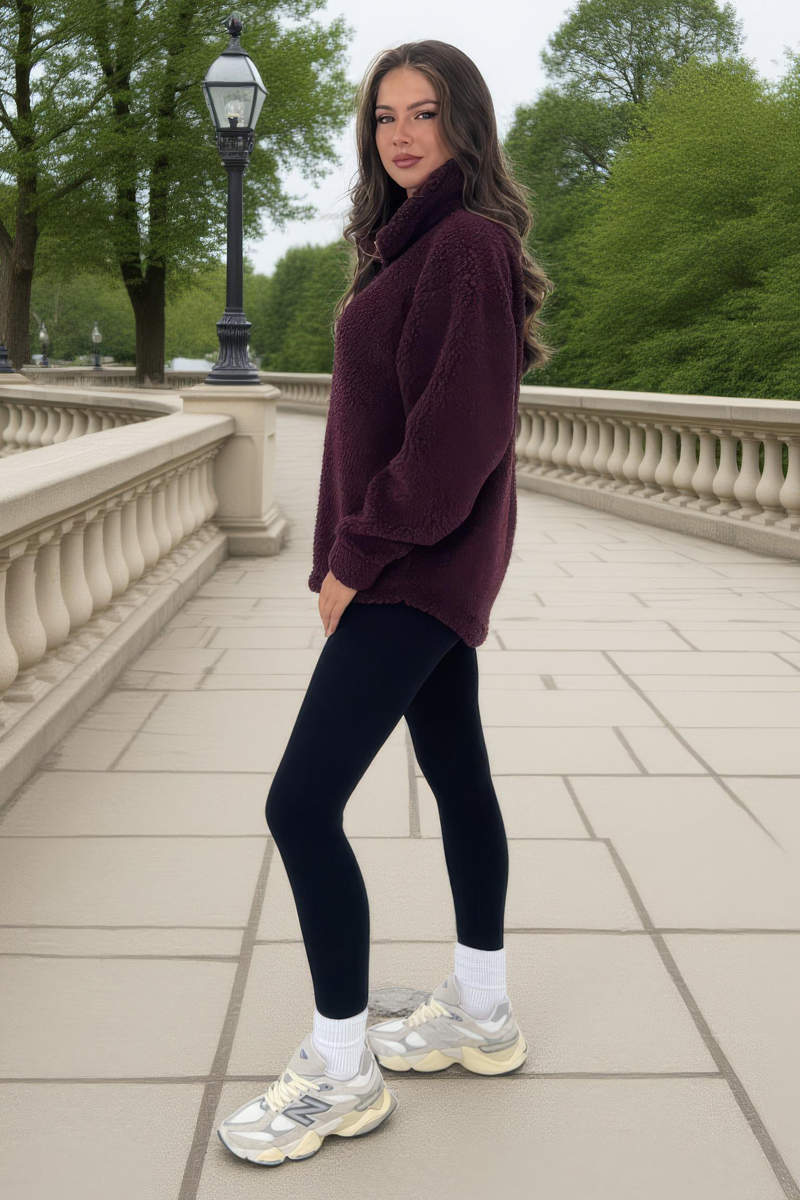 Burgundy 1/4 Zip Teddy Sweatshirt - Image 4