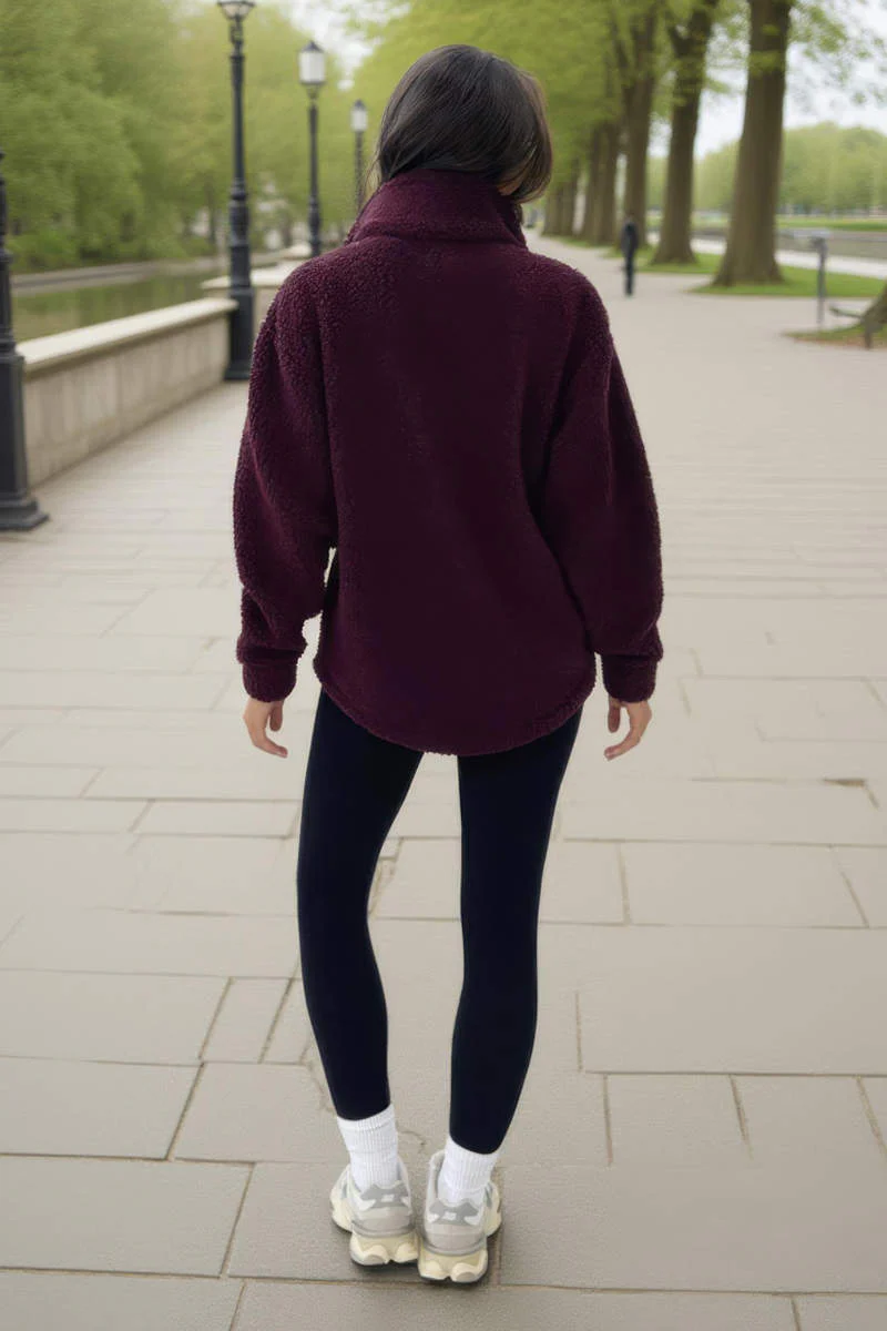Burgundy 1/4 Zip Teddy Sweatshirt - Image 5
