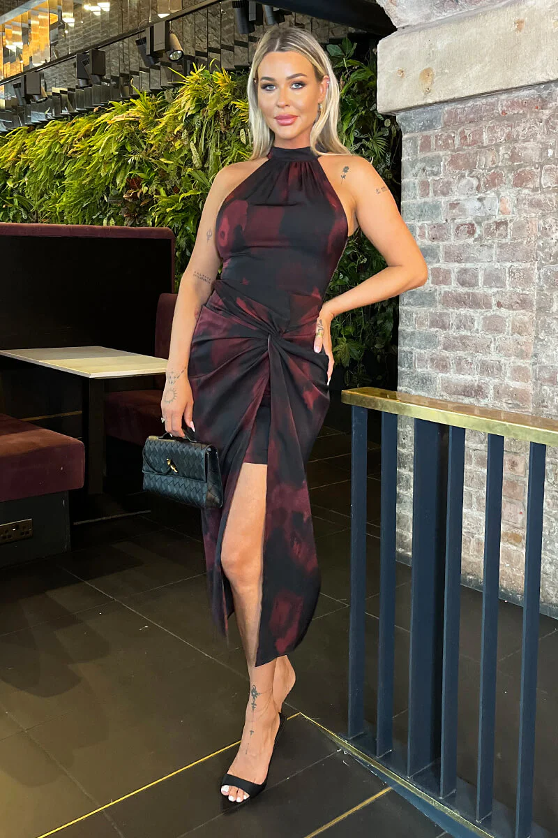 Burgundy And Black Smudge Print Halter Neck Knot Skirt Midi Dress