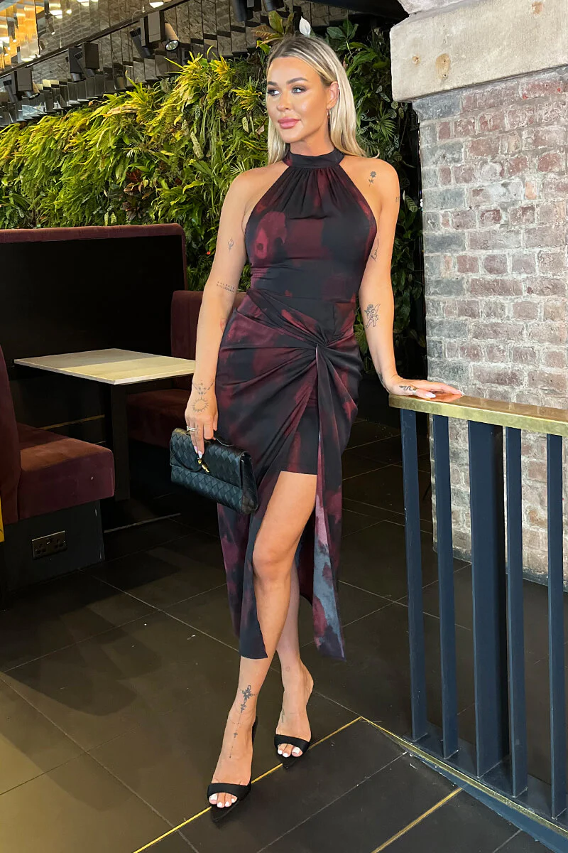 Burgundy And Black Smudge Print Halter Neck Knot Skirt Midi Dress - Image 3