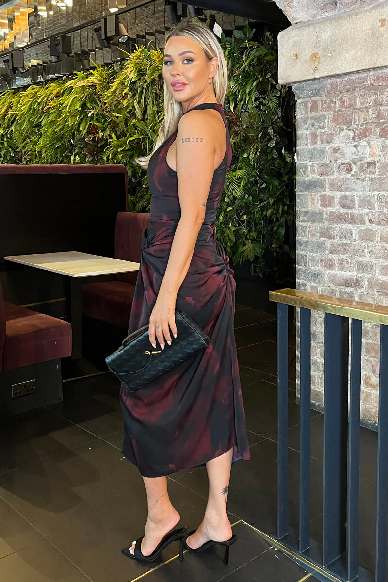 Burgundy And Black Smudge Print Halter Neck Knot Skirt Midi Dress - Image 4