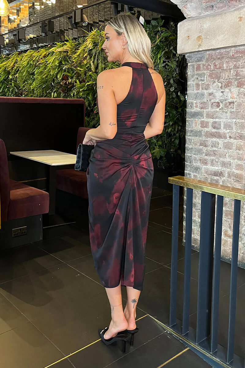 Burgundy And Black Smudge Print Halter Neck Knot Skirt Midi Dress - Image 5