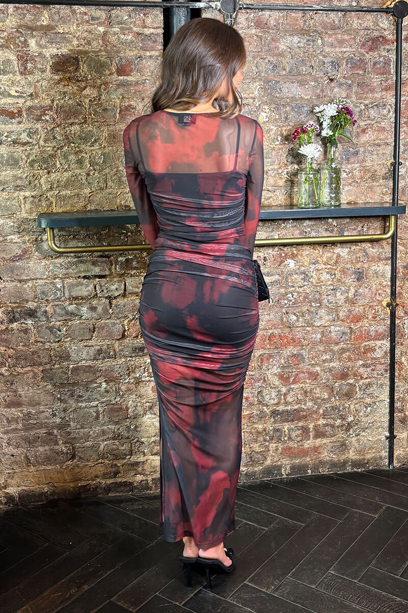Burgundy And Black Smudge Print Mesh Overlay Long Sleeve Midi Dress - Image 5