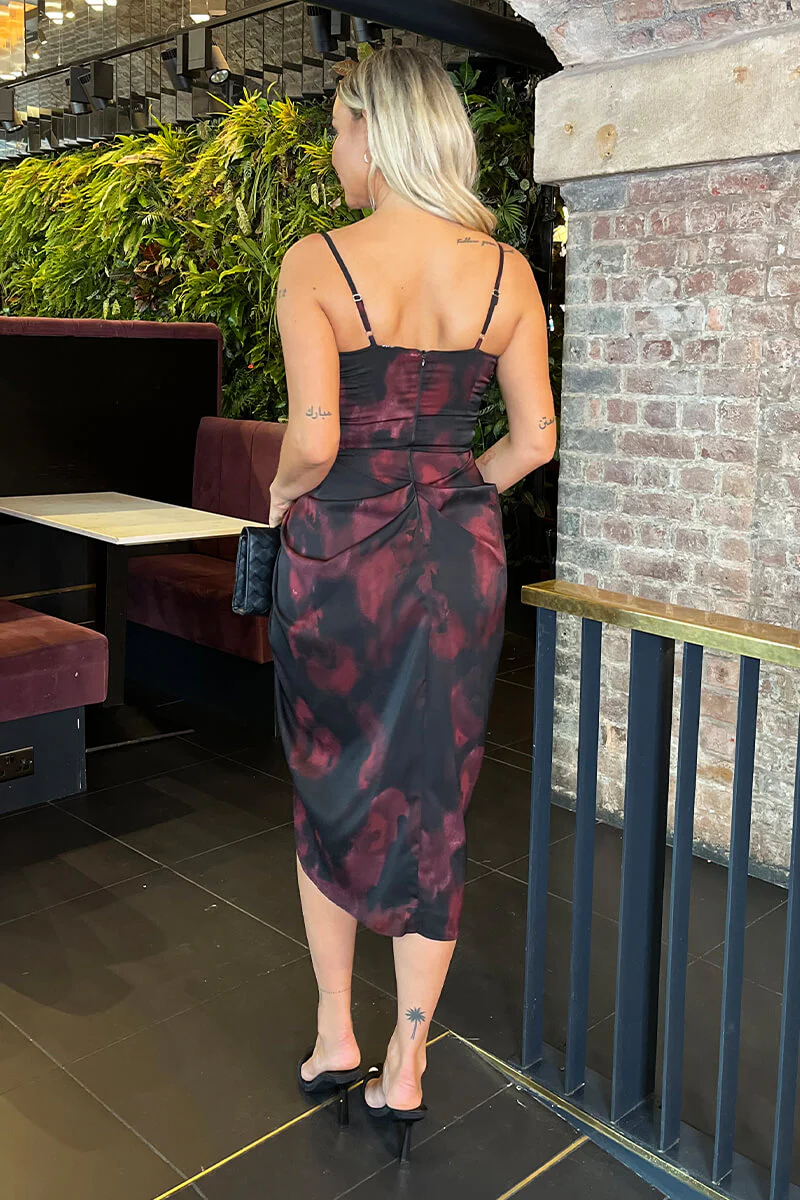 Burgundy And Black Smudge Print Strappy Gathered Skirt Midi Dress - Image 5