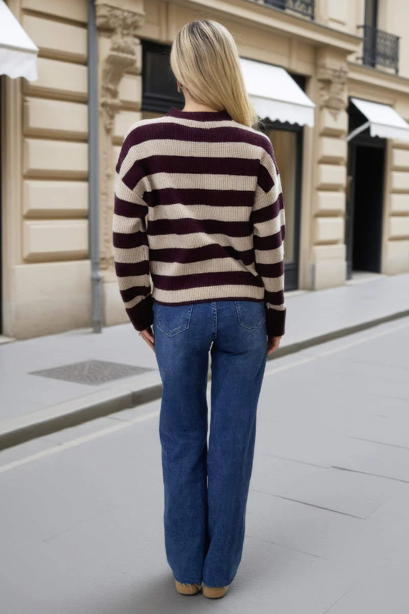 Burgundy And Oatmeal Striped Crew Neck Jumper - Image 5