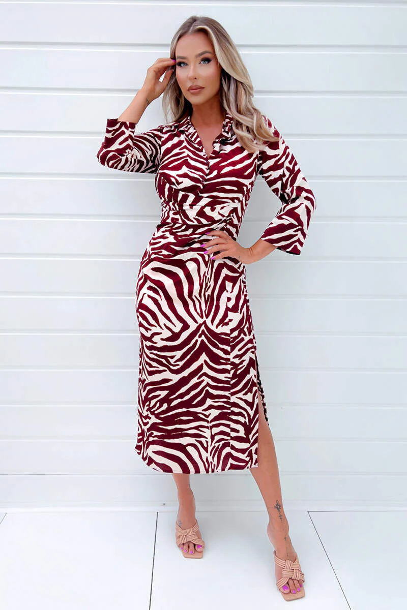 Burgundy Animal Print Button Top Gathered Side Midi Dress - Image 2