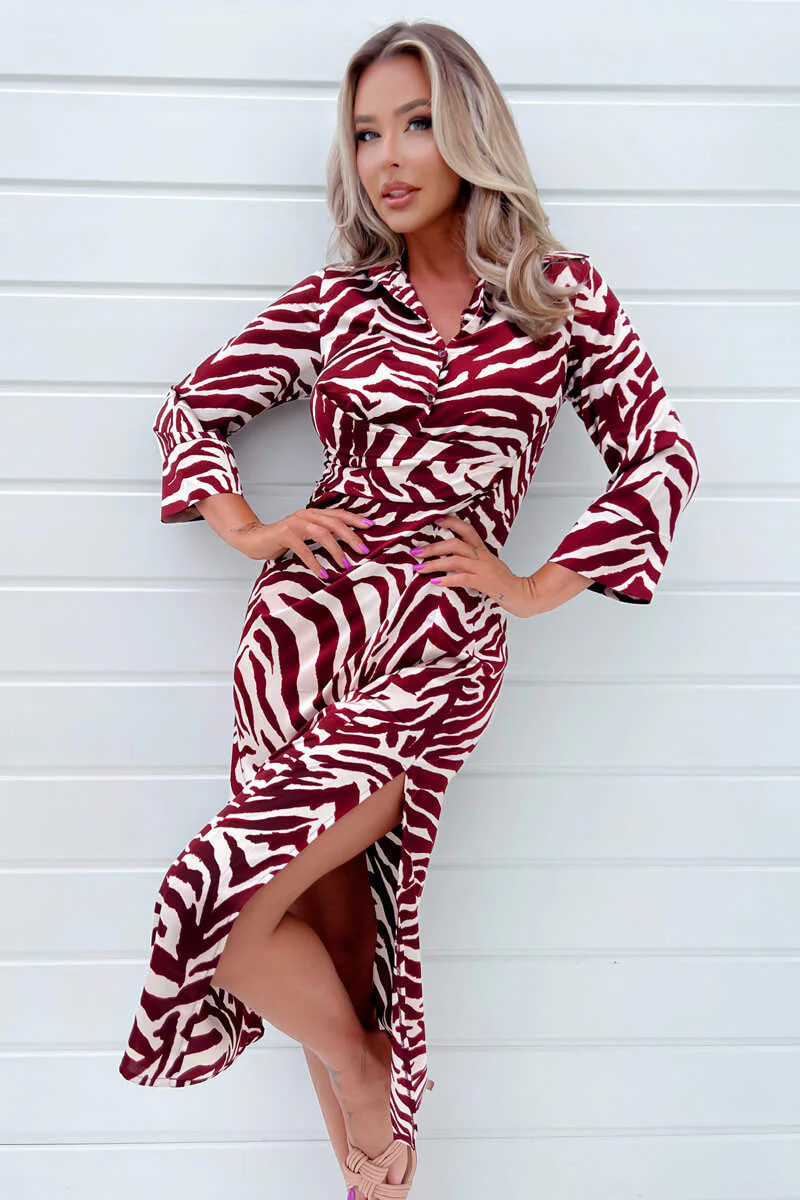 Burgundy Animal Print Button Top Gathered Side Midi Dress - Image 3