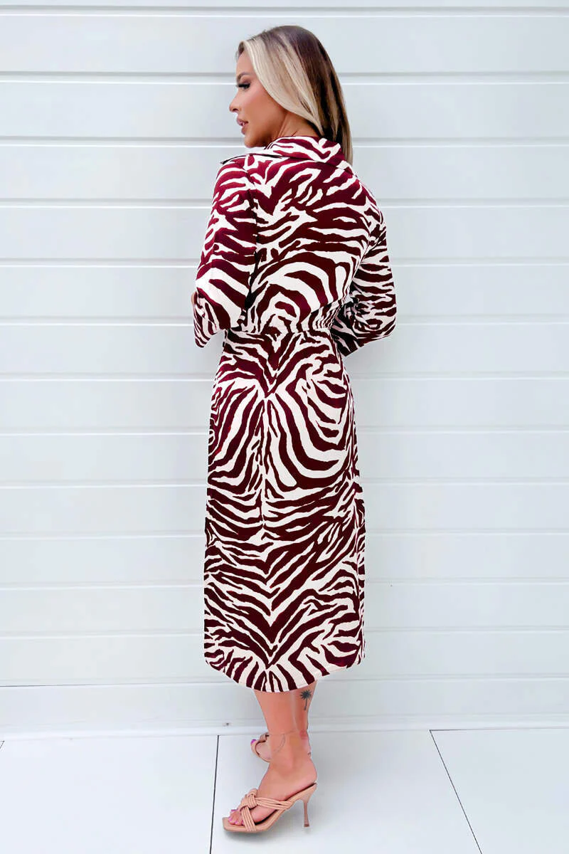 Burgundy Animal Print Button Top Gathered Side Midi Dress - Image 4
