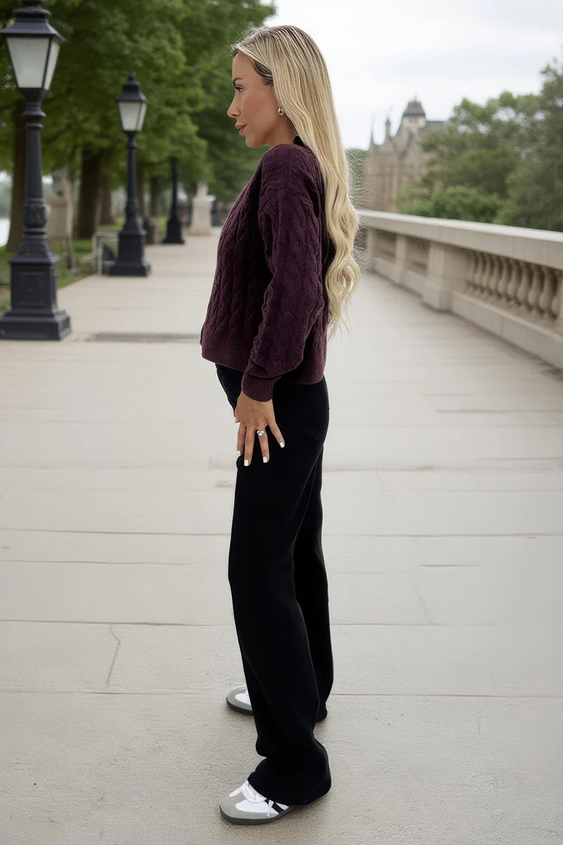 Burgundy Cable Knit Gold Button Cardigan - Image 4