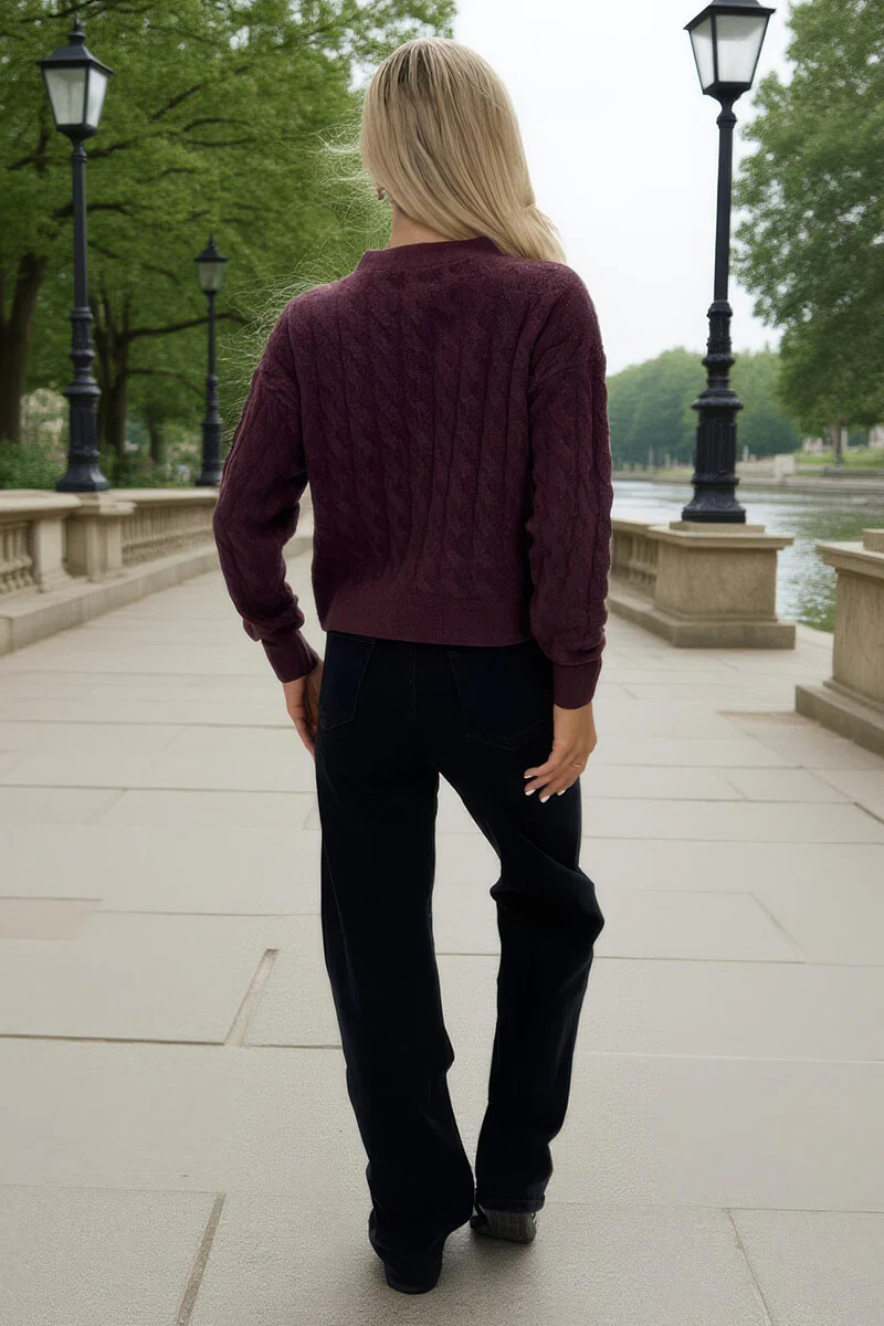 Burgundy Cable Knit Gold Button Cardigan - Image 5