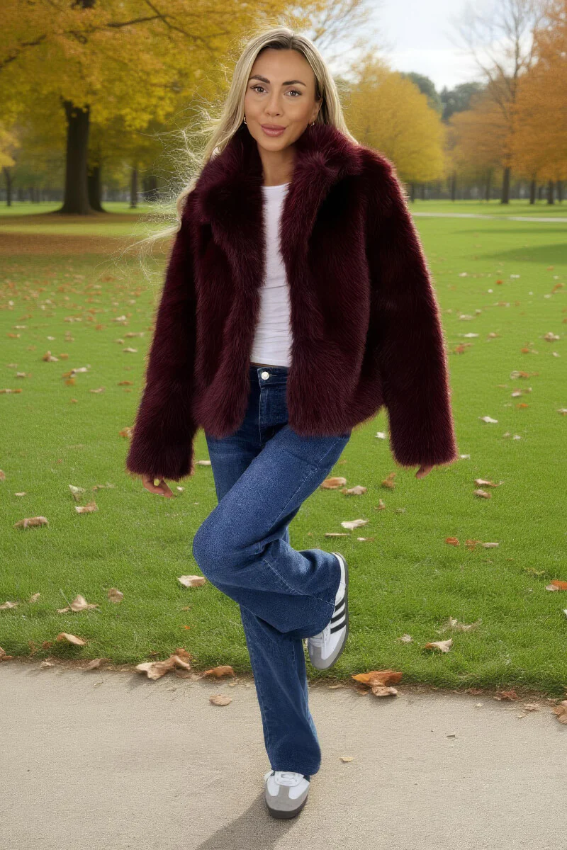 Burgundy Faux Fur Short Jacket - Image 2