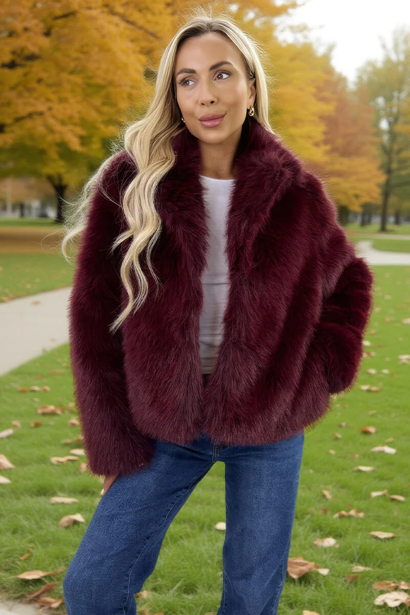 Burgundy Faux Fur Short Jacket - Image 3