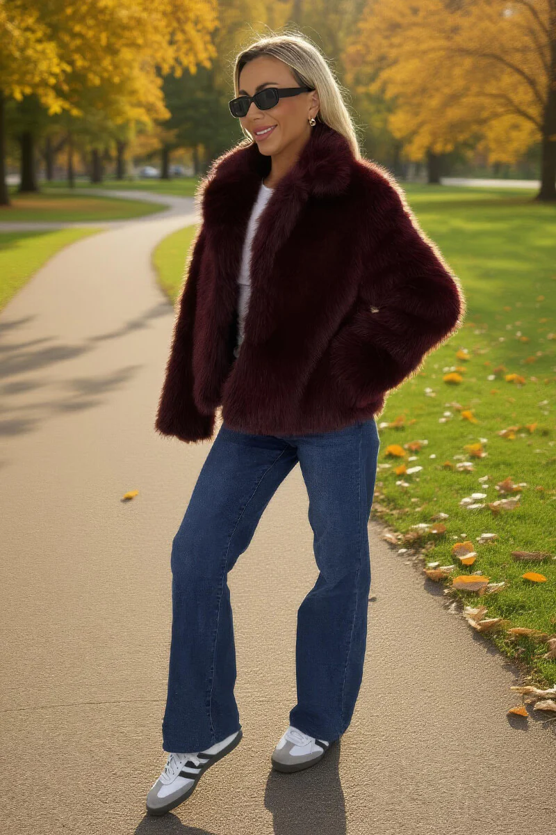 Burgundy Faux Fur Short Jacket - Image 4