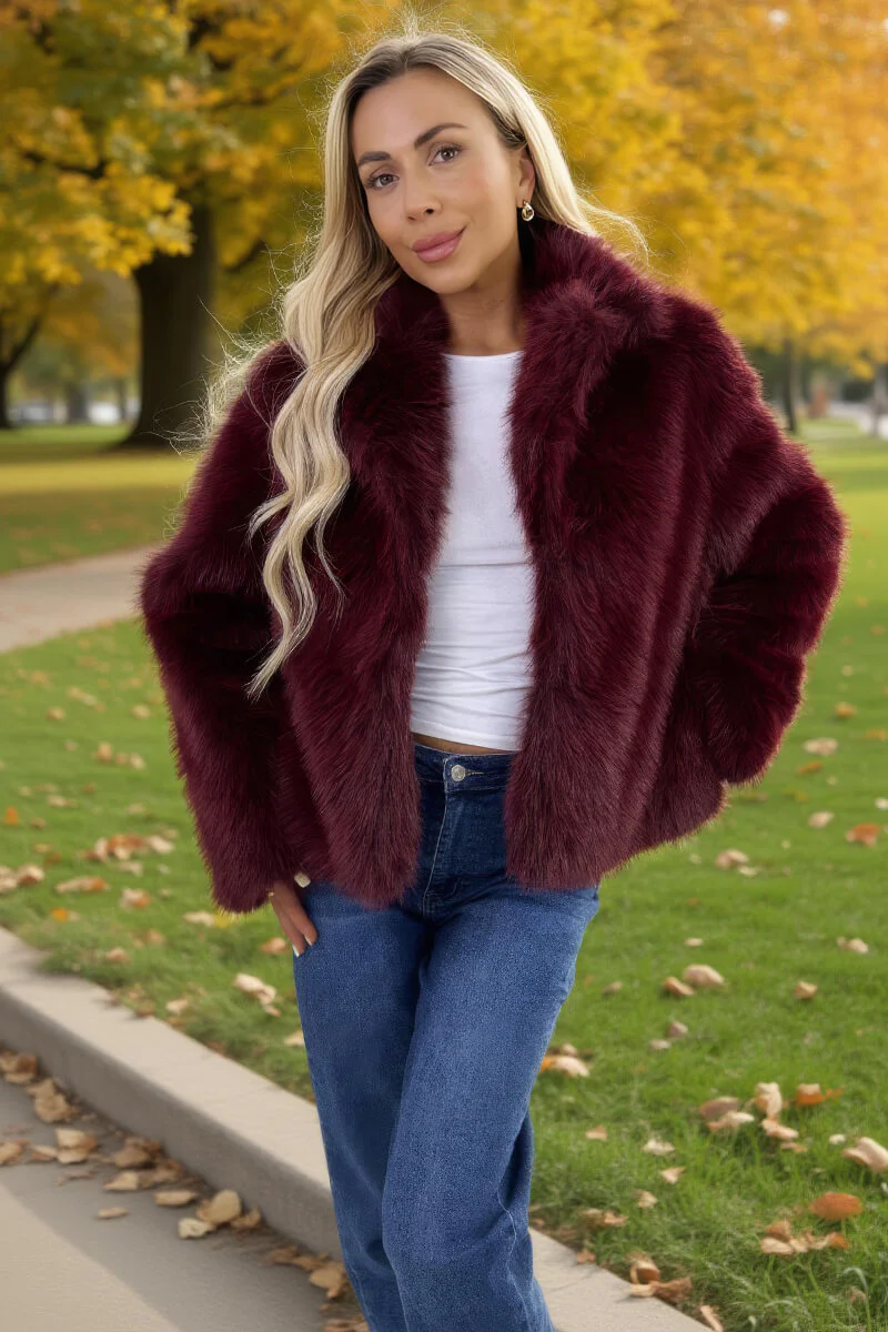 Burgundy Faux Fur Short Jacket - Image 7