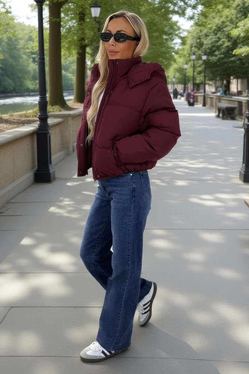 Burgundy Hooded Short Puffer Coat - Image 2