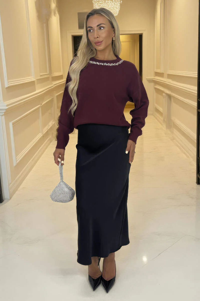Burgundy Jewel Embellished Neck Jumper - Image 2